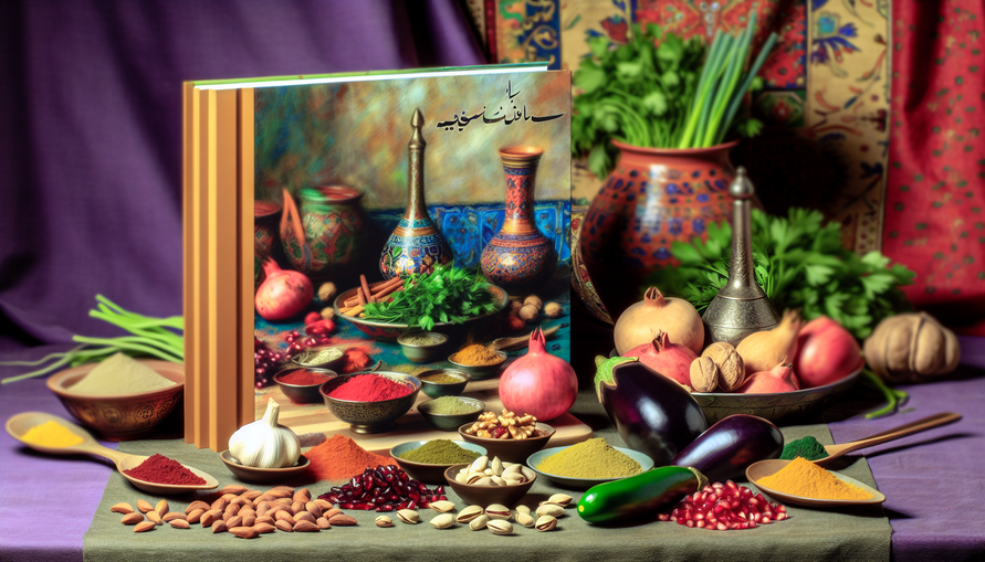 alt_text: A vibrant cookbook cover showcasing Persian ingredients and their health benefits in a warm kitchen.
