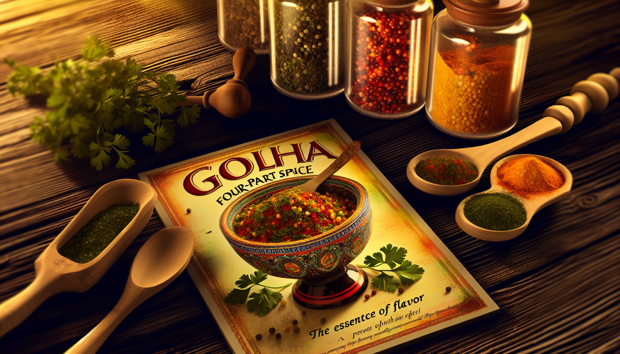 alt_text: A rustic kitchen scene with colorful spices and "Golha Four-Part Spice" in an ornate bowl.